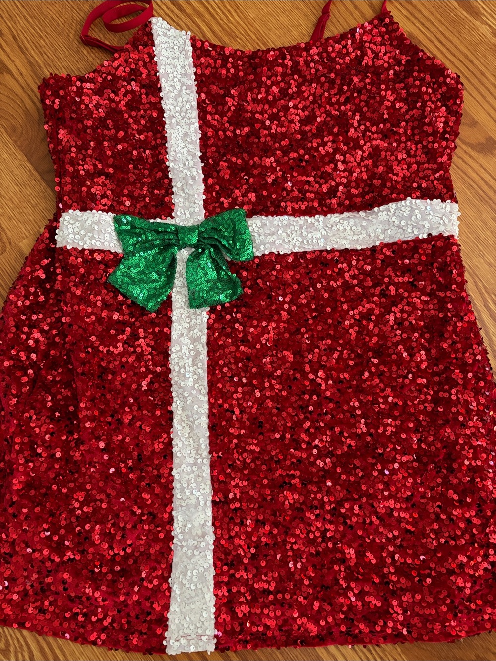 No Boundaries Red Sequin dress Santa's helper 
Costume with Green Bow